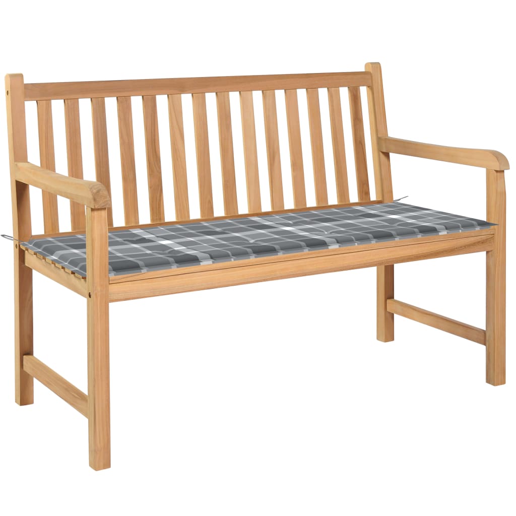 Banca de gradina cu salteluta si cu brate, vidaXL, Lemn de tec-Textil, 120 x 62,5 x 90 cm, 4 cm, Maro-Gri model carouri
