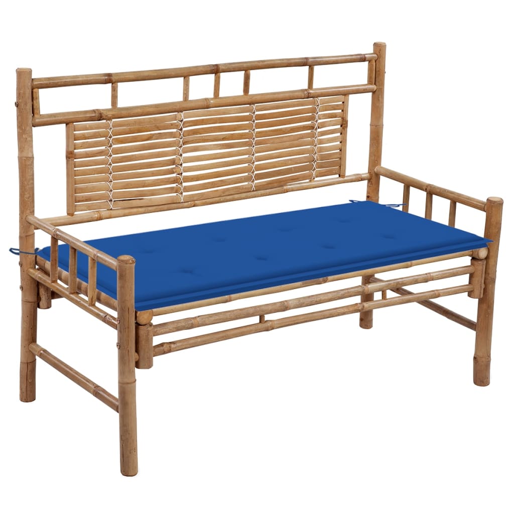 Banca de gradina cu salteluta sezut si cu brate, vidaXL, Bambus, 120 x 55 x 90 cm, Maro/Albastru regal