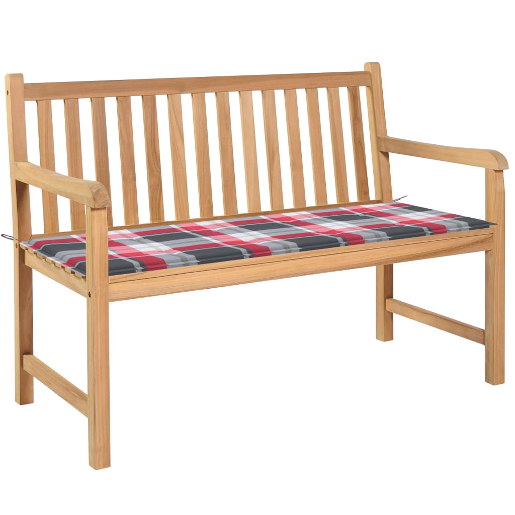 Banca de gradina cu salteluta si cu brate, vidaXL, Lemn de tec-Textil, 120 x 62,5 x 90 cm, 4 cm, Maro-Rosu model carouri