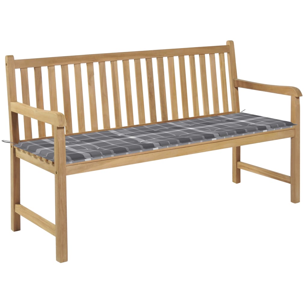 Banca de gradina cu salteluta si cu brate, vidaXL, Lemn de tec-Textil, 150 x 62,5 x 90 cm, 4 cm, Maro-Gri model carouri