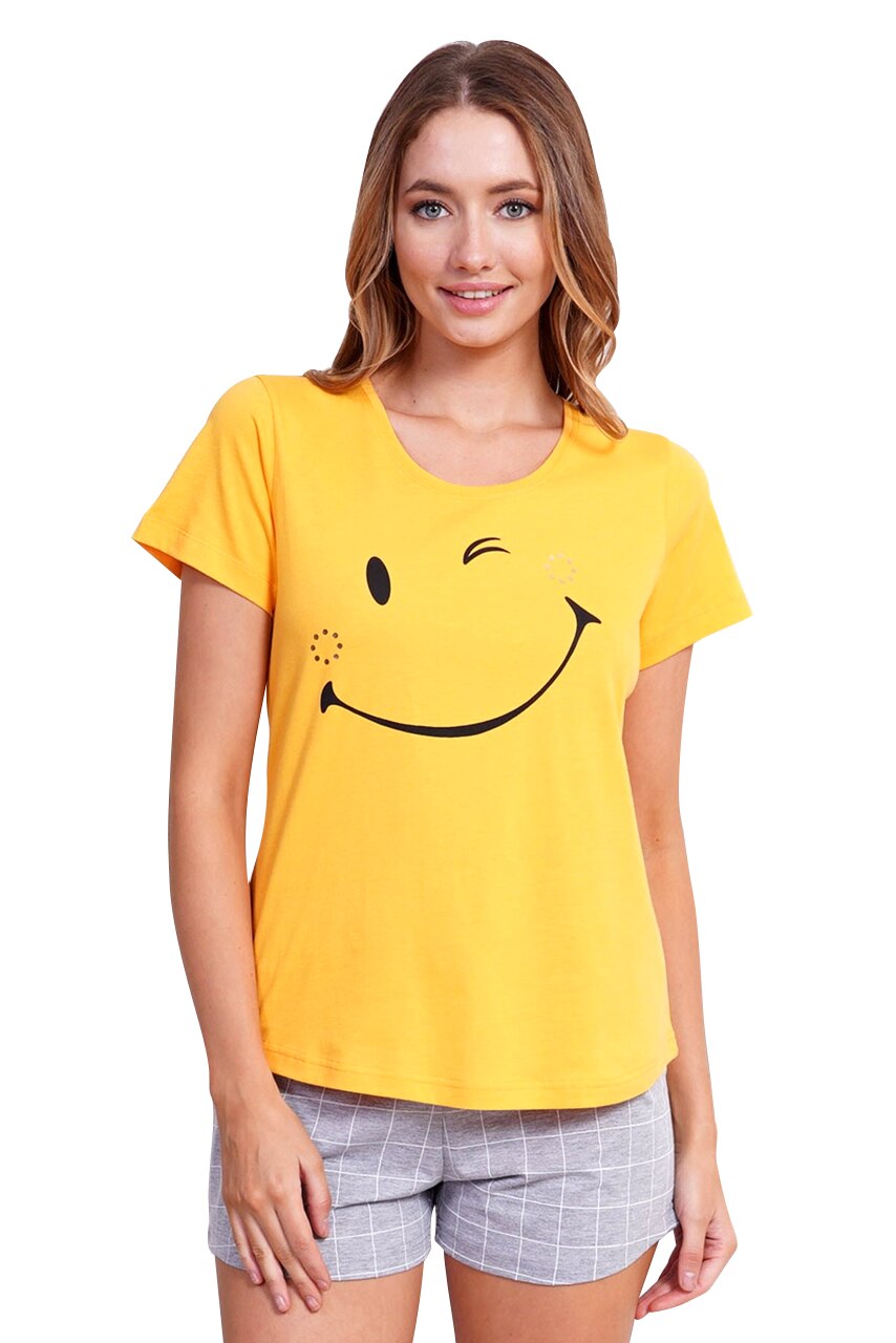 Pijama Dama, Vienetta, Model 'Smile Day and Night', Culoare Galben/Gri