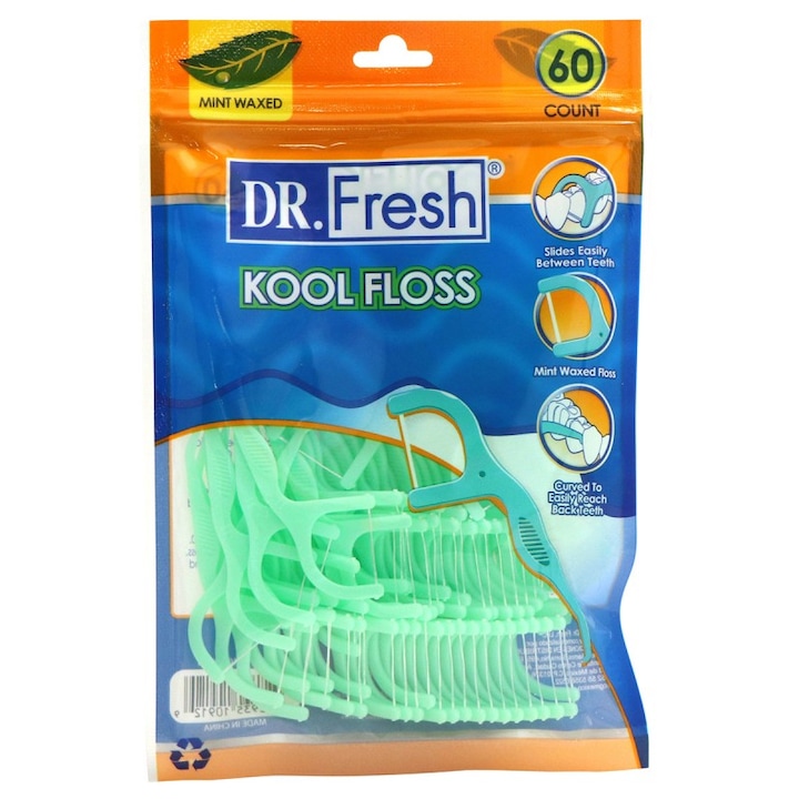Dr. Fresh Kool Floss Mint fogselyem készlet, fogpiszkáló típusú, gyors tisztítás, könnyen csúszó, viaszolt, erős szálú, 60 db