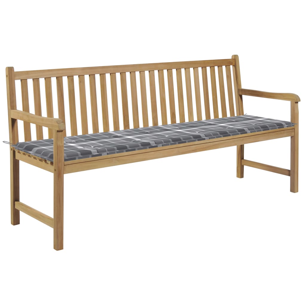 Banca de gradina cu salteluta si cu brate, vidaXL, Lemn de tec-Textil, 175 x 60 x 90 cm, 7 cm, Maro-Gri model carouri