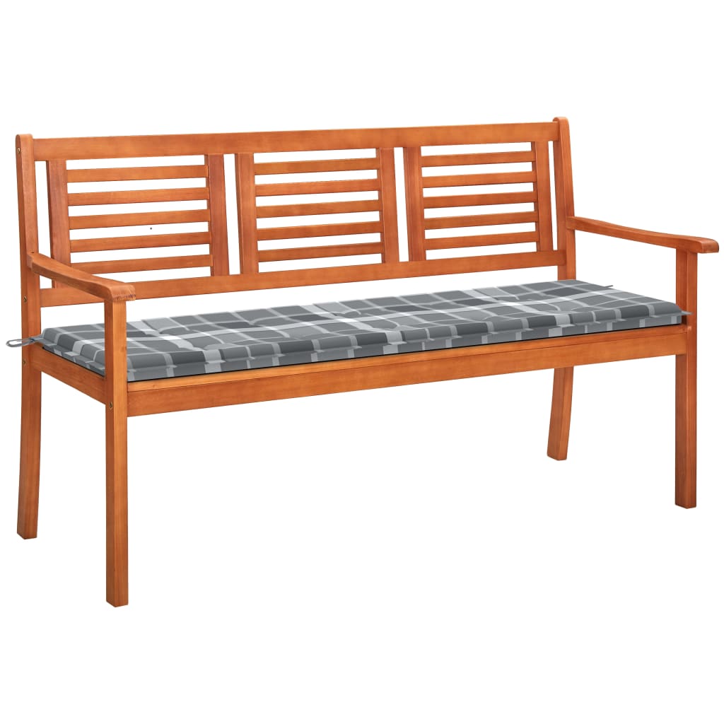 Banca de gradina cu perna, vidaXL, Lemn de eucalipt, 150 x 60 x 89 cm, 4 cm, Maro-Gri model carouri