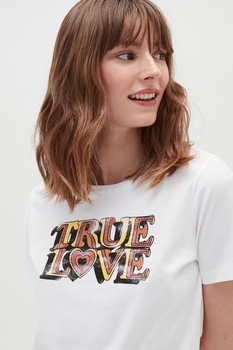 OVS, Tricou cu decolteu rotund si imprimeu text, Alb optic/maro/bej OVS, Tricou cu decolteu rotund si imprimeu text, Alb optic/maro/bej