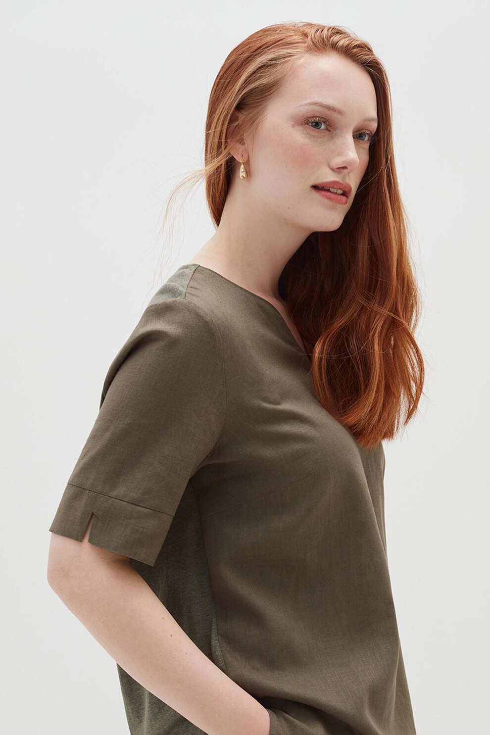 OVS, Bluza din amestec de in cu decolteu in V, Verde militar