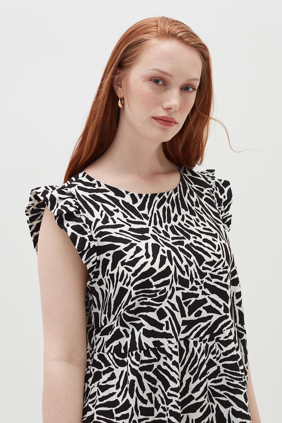 OVS, Rochie midi din amestec de in, Alb/Negru