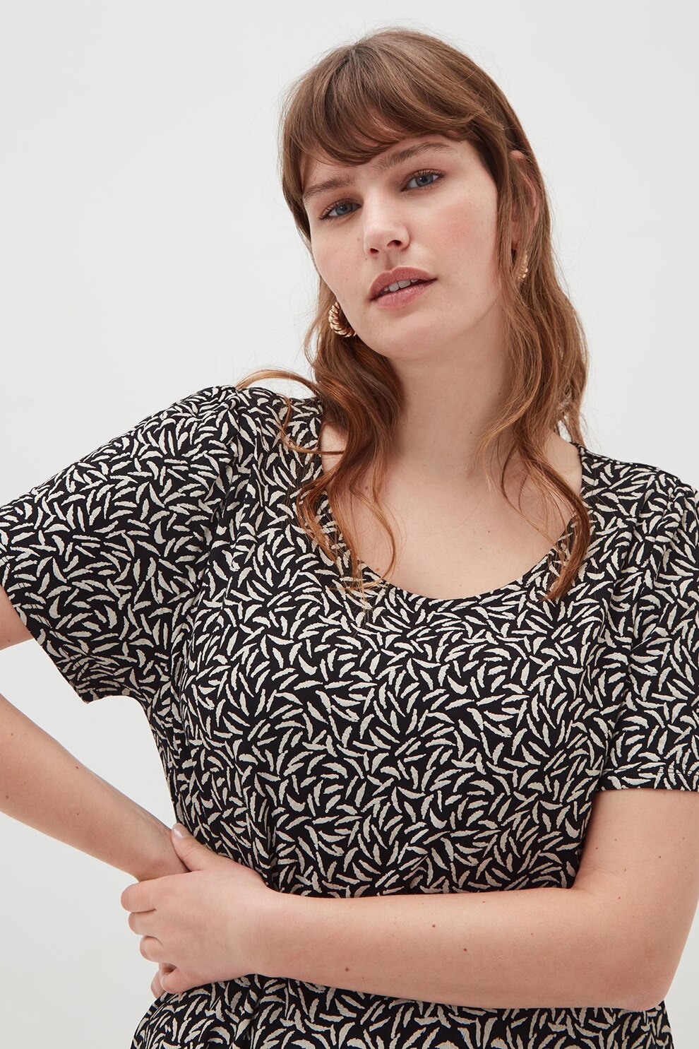 OVS, Rochie lejera cu imprimeu si maneci scurte, Negru/Alb prafuit