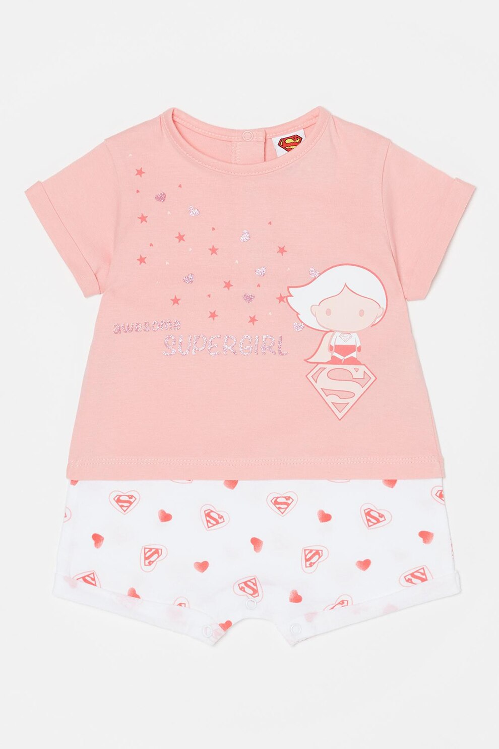 OVS, Salopeta cu imprimeu Supergirl, model 2in1, Roz somon/Alb, Roz somon/Alb