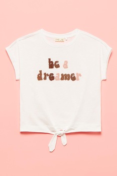 OVS, Tricou cu terminatie cu snur si text din margele, Alb/maro/roz piersica, 170 CM OVS, Tricou cu terminatie cu snur si text din margele, Alb/maro/roz piersica, 170 CM