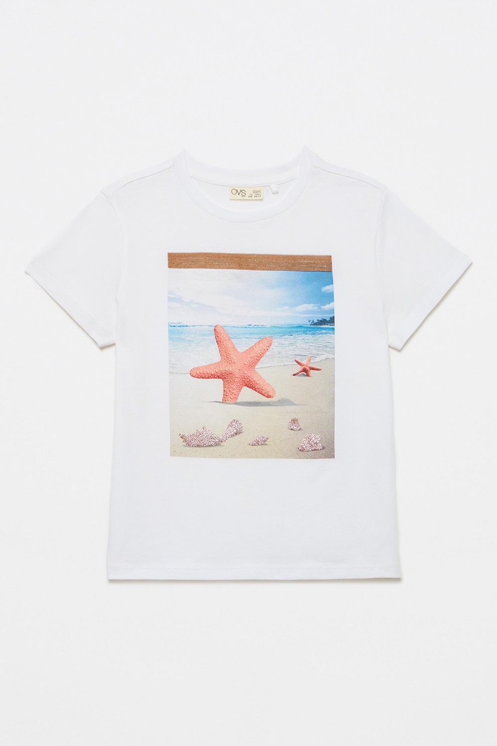 OVS, Tricou cu imprimeu si particule stralucitoare, Alb/Albastru/Maro nisip