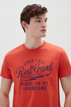 OVS, Tricou cu decolteu la baza gatului si imprimeu text, Rosu caramiziu/Bleumarin, S OVS, Tricou cu decolteu la baza gatului si imprimeu text, Rosu caramiziu/Bleumarin, S