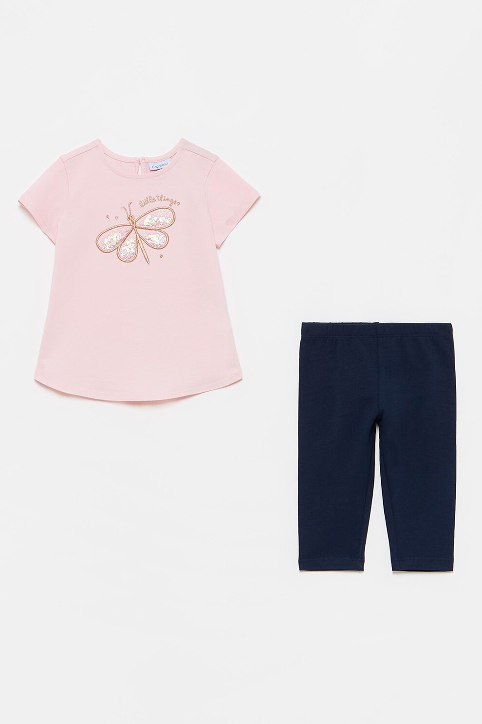 OVS, Set de colanti si tricou cu aplicatii cu paiete, Roz pastel/Bleumarin