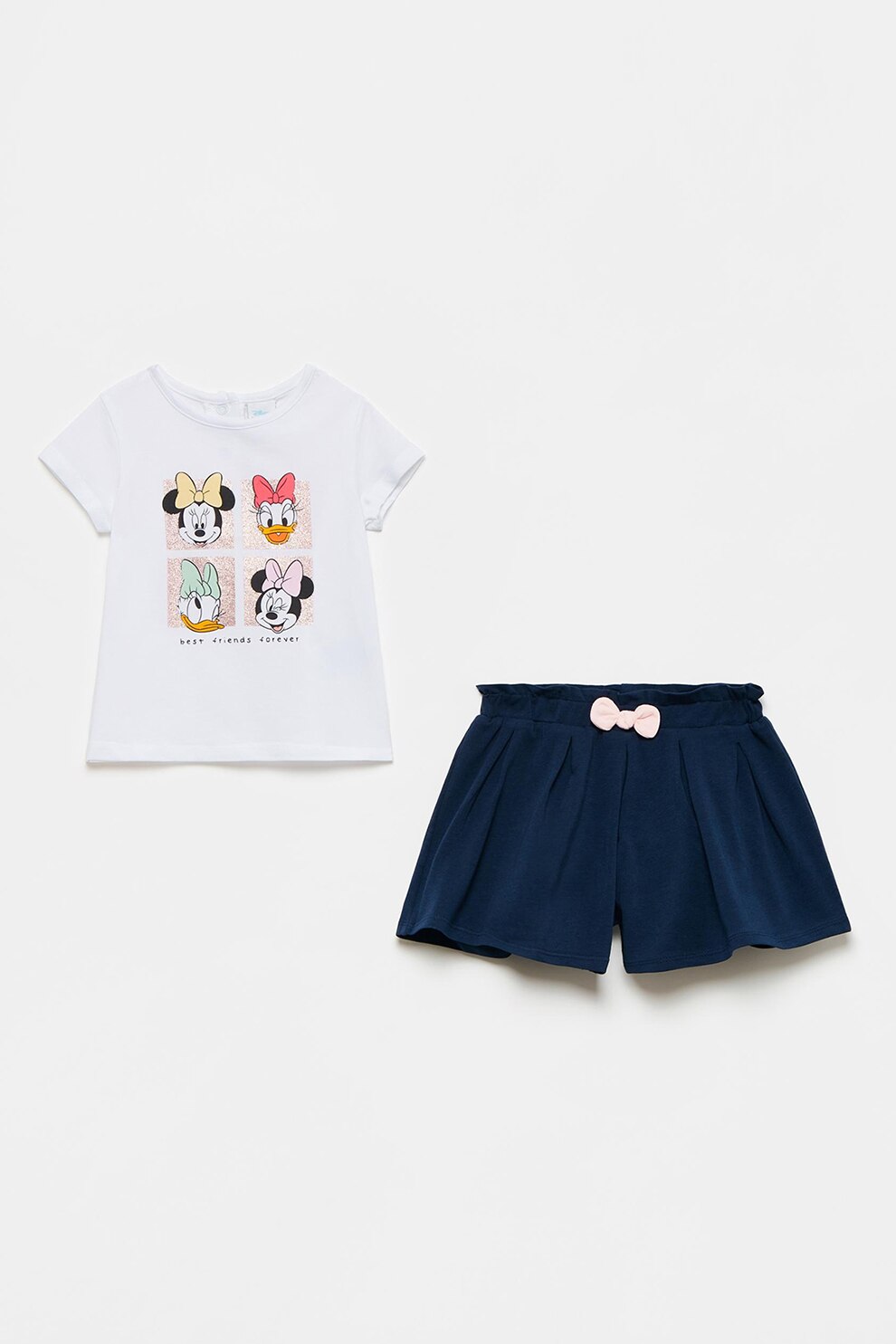 OVS, Set 2 piese, tricou si pantaloni scurti cu imprimeu cu desene animate Mickey Mouse, Alb/Bleumarin, Alb/Bleumarin, 80 CM