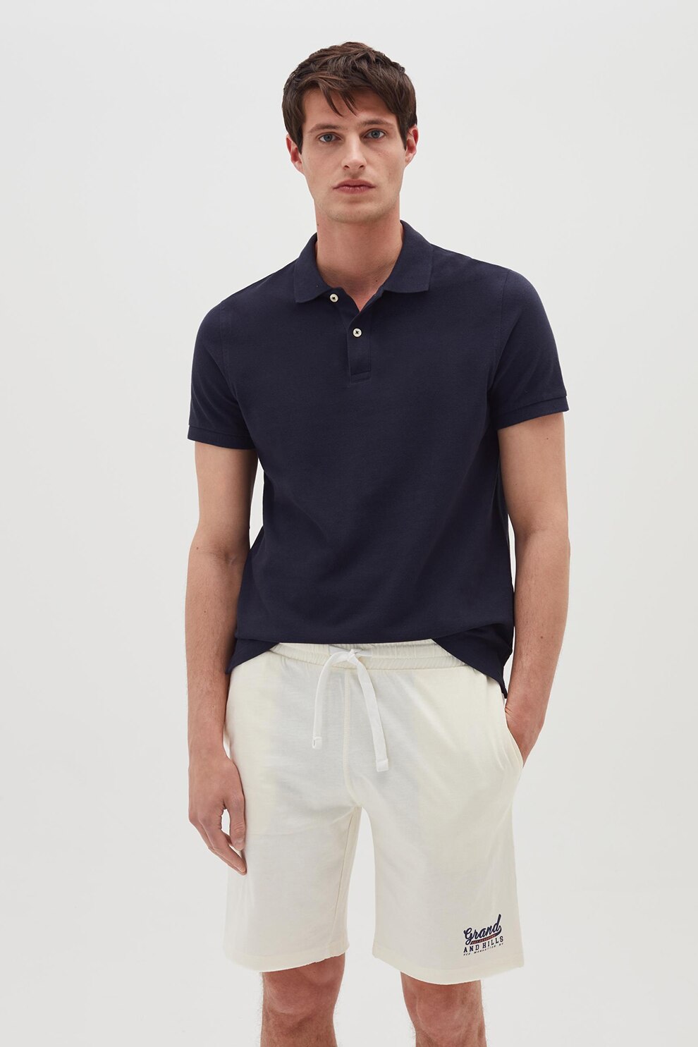 OVS, Bermude cu snur de ajustare in talie, Alb prafuit/Bleumarin