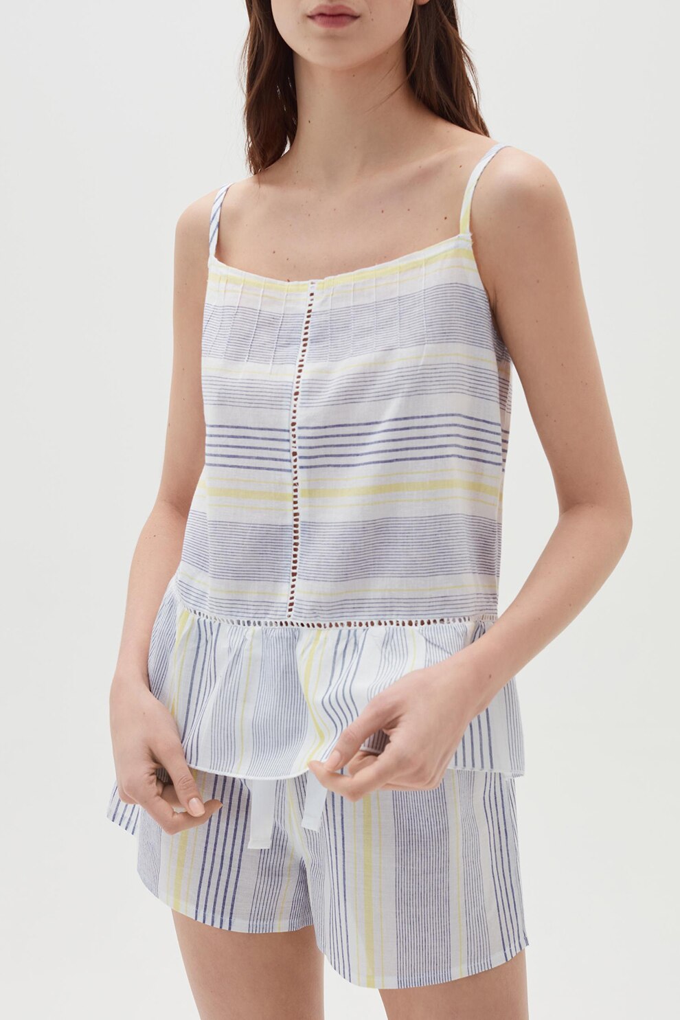 OVS, Pijama cu model in dungi si decupaje, Alb/galben/albastru prafuit