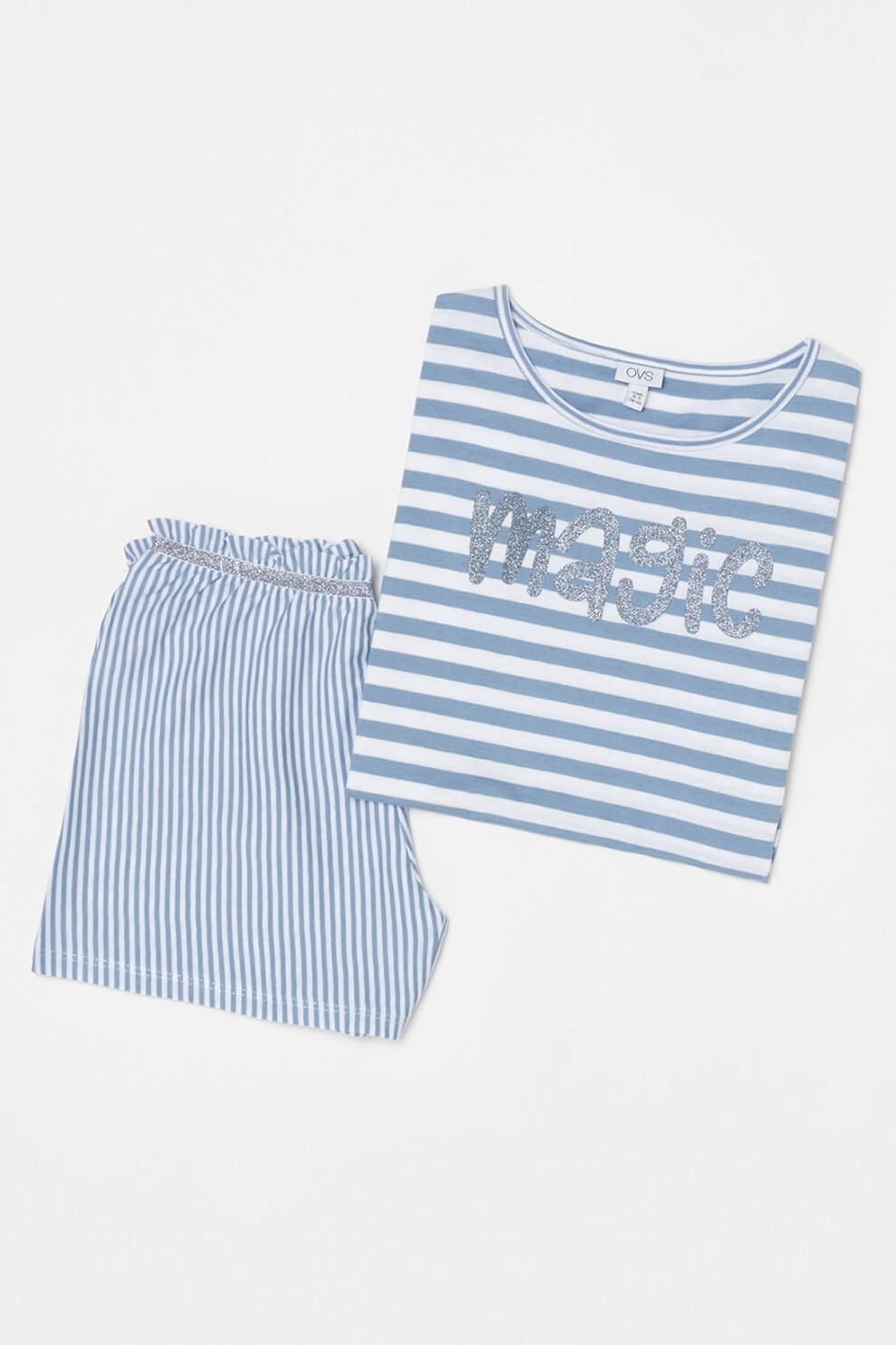 OVS, Pijama din bumbac cu model in dungi, Albastru prafuit/Alb, 146 CM