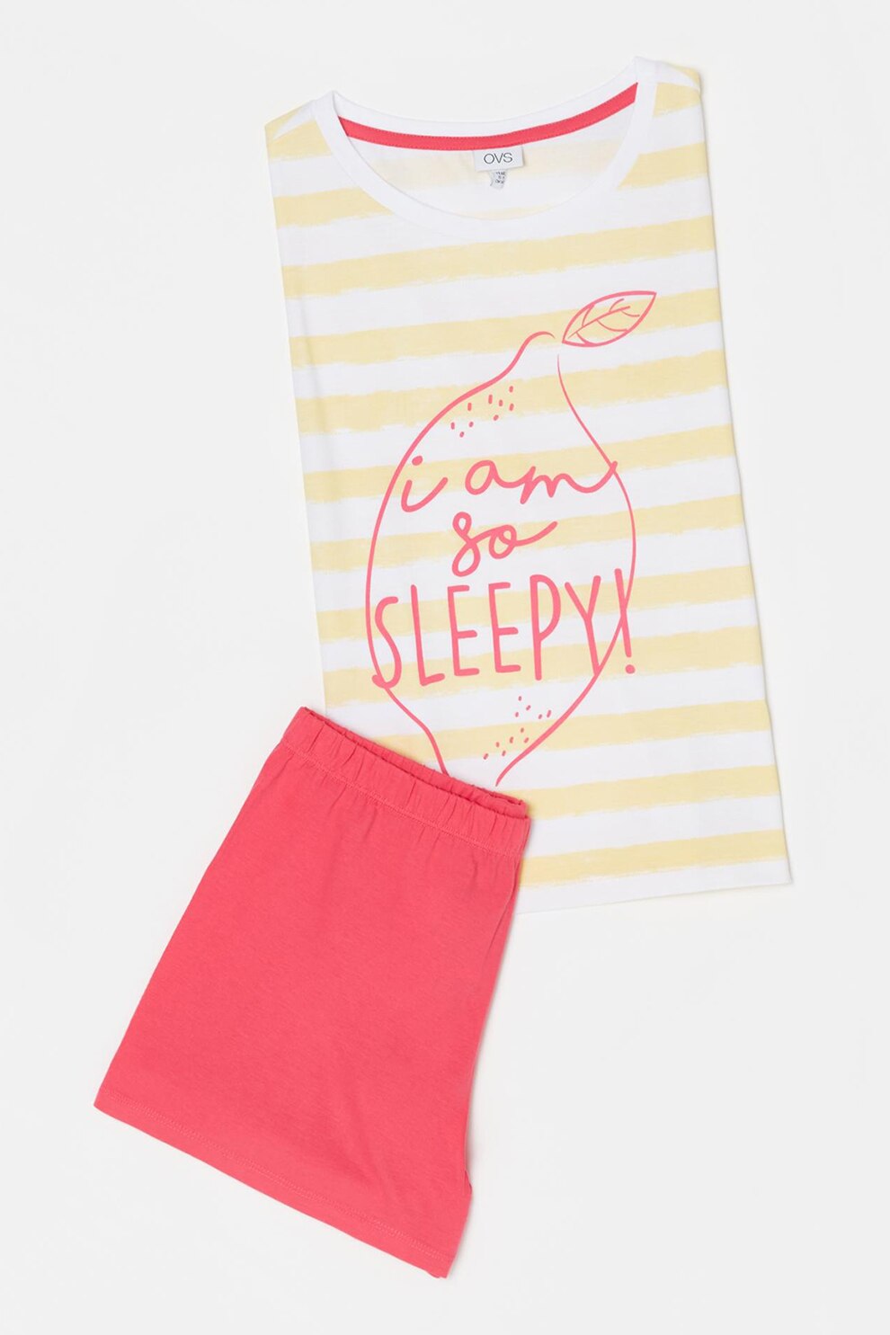 OVS, Pijama din bumbac cu imprimeu, Galben pal/roz corai, 146 CM