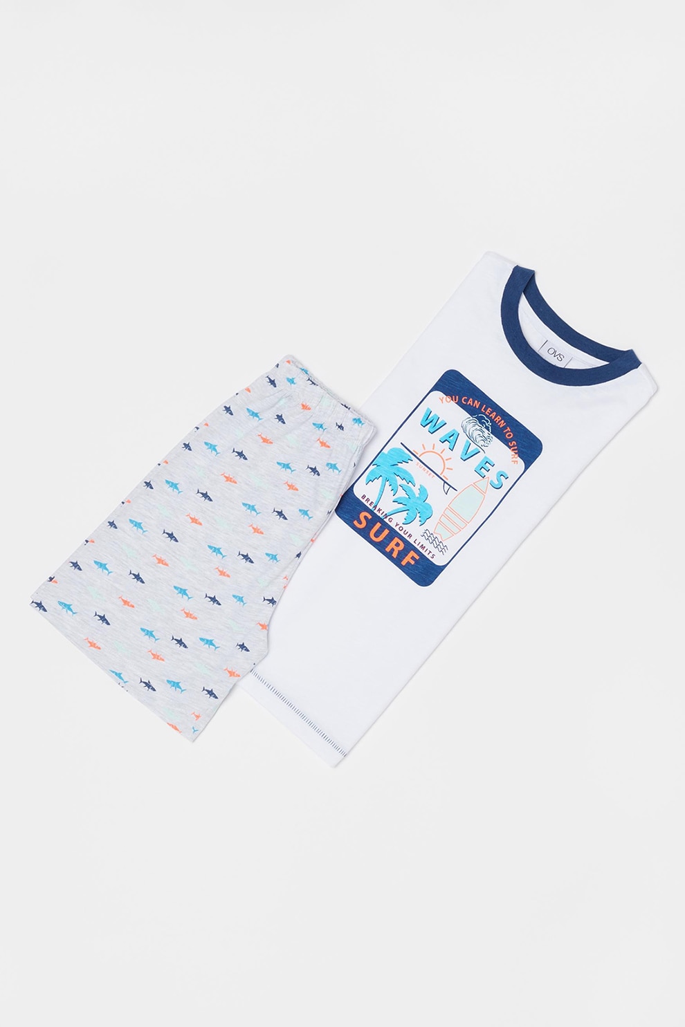 OVS, Pijama din amestec de bumbac cu imprimeu grafic, Alb optic/gri/albastru inchis, 110 CM