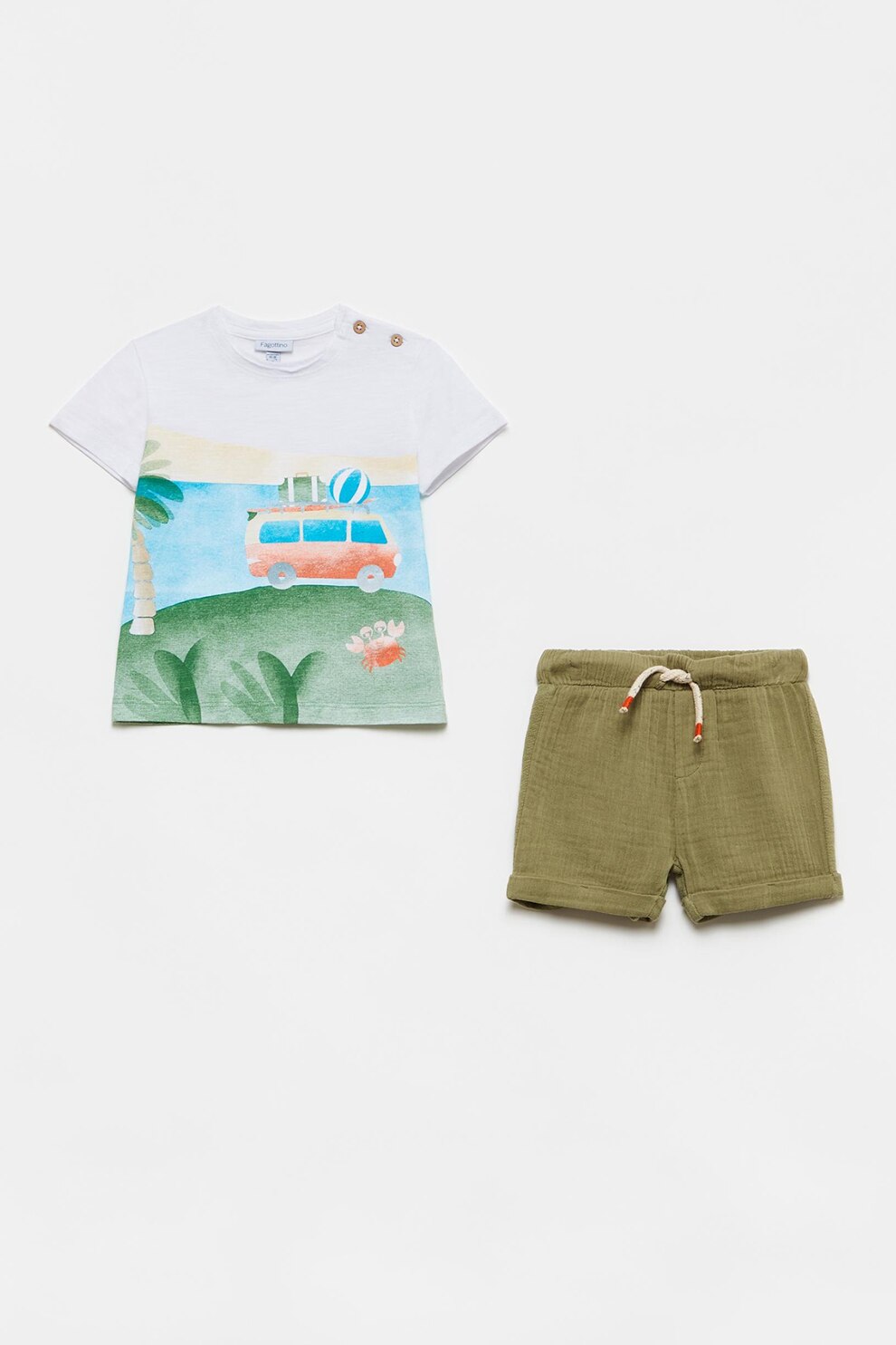 OVS, Set de pantaloni scurti si tricou cu imprimeu grafic, Alb/verde sparanghel/albastru, 86 CM