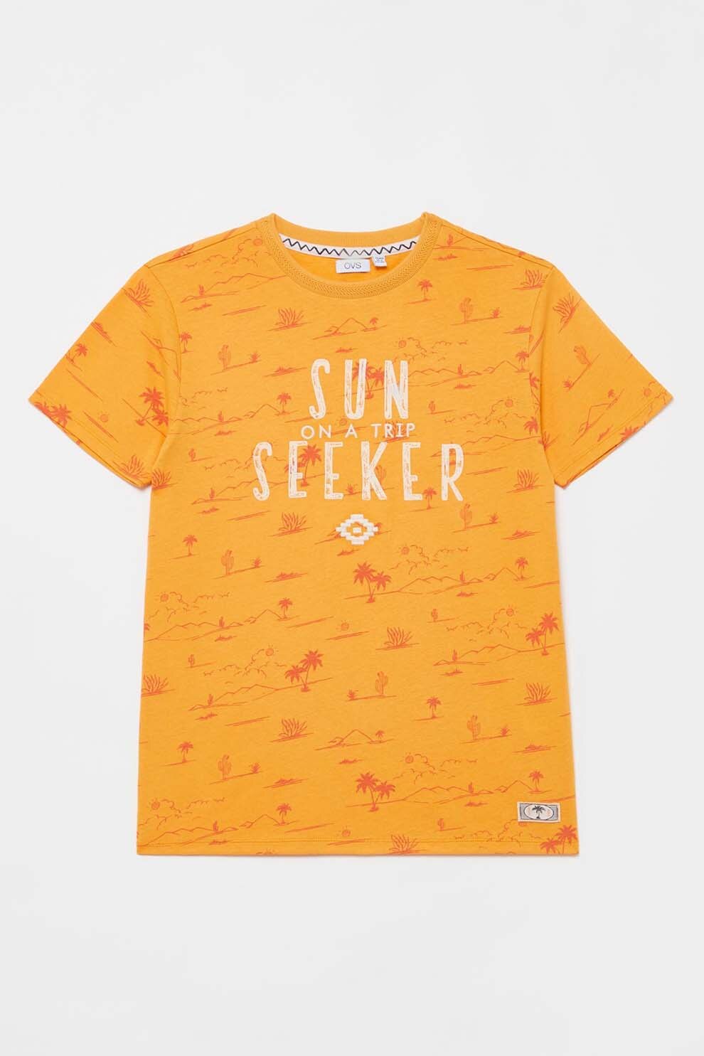 OVS, Tricou cu decolteu la baza gatului si imprimeuri diverse, Oranj/Alb, 146 CM
