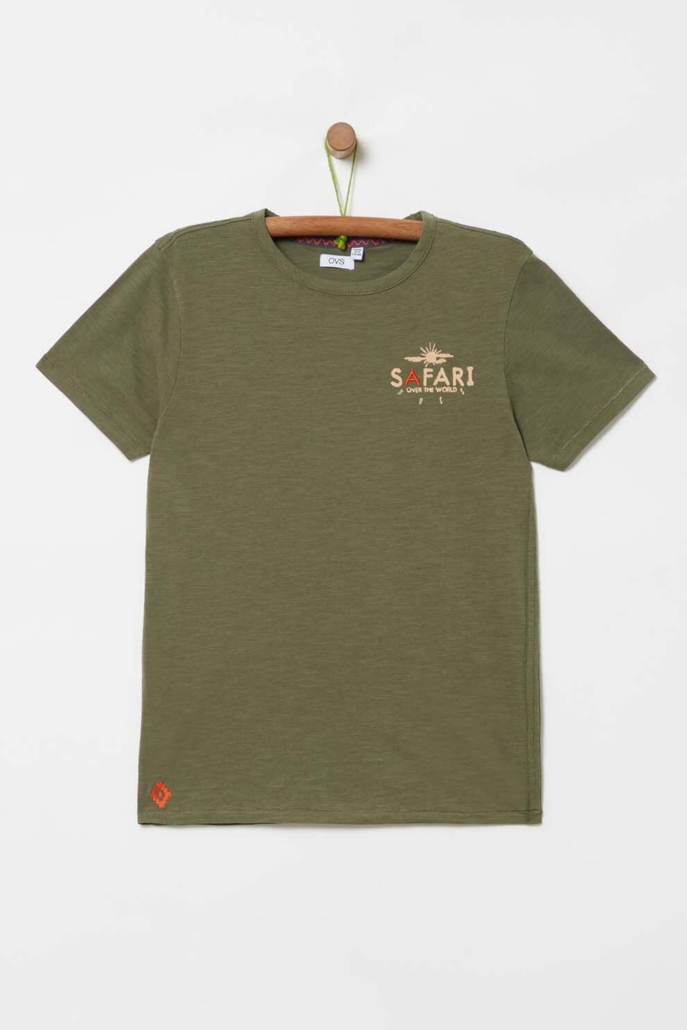 OVS, Tricou cu decolteu la baza gatului si imprimeu, Verde militar/Maro nisip