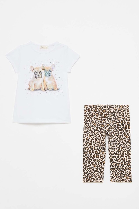 OVS, Set 2 piese colanti si tricou, imprimeu animal print, Alb/Maro, Alb/Maro inchis/Maro nisip