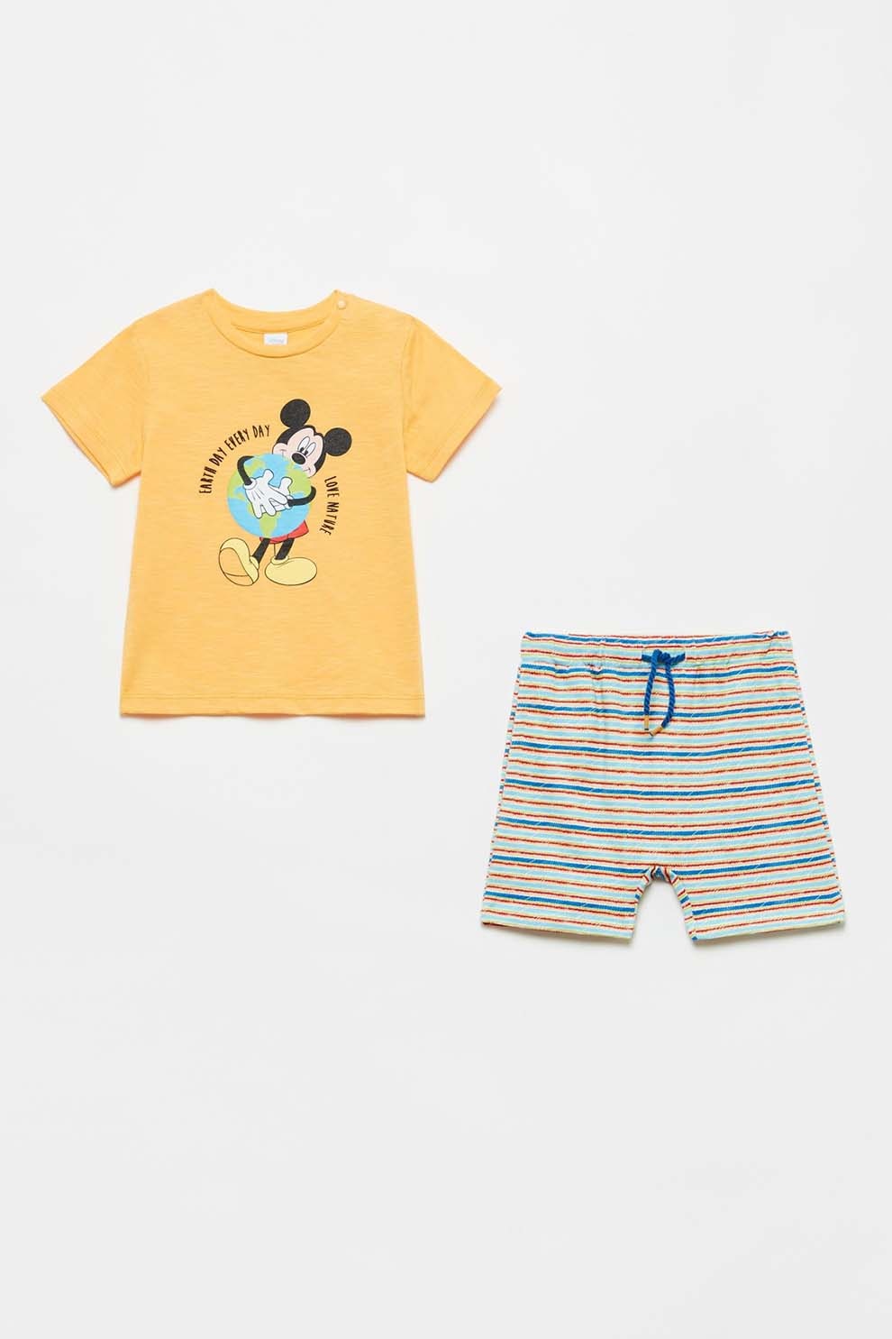 OVS, Set de pantaloni scurti si tricou de bumbac, Galben/Gri deschis/Albastru