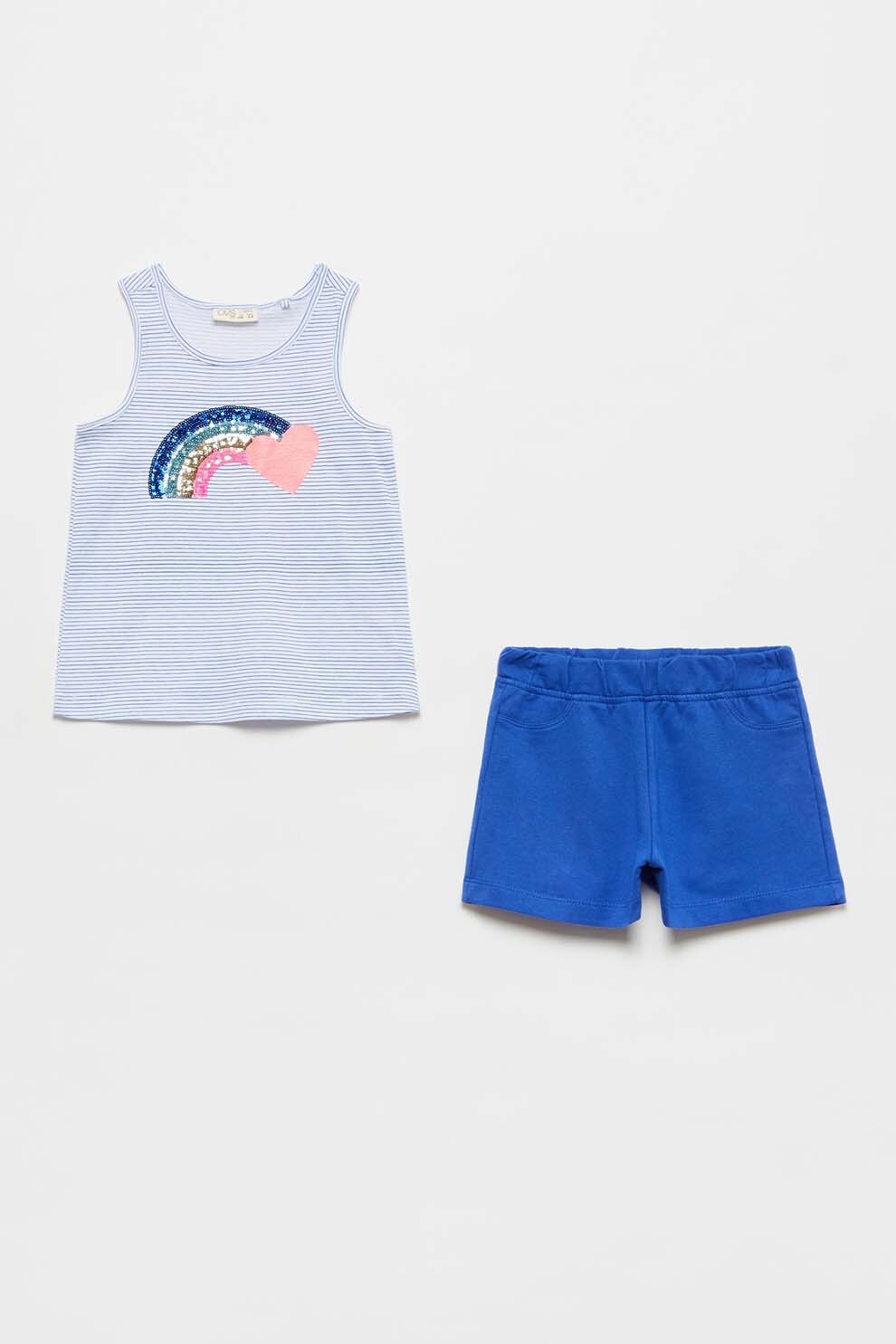 OVS, Set de top cu imprimeu si pantaloni scurti, Bleu/Albastru royal