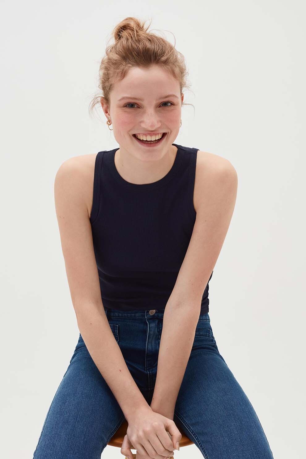 OVS, Top de bumbac cu striatii, Bleumarin inchis, XL