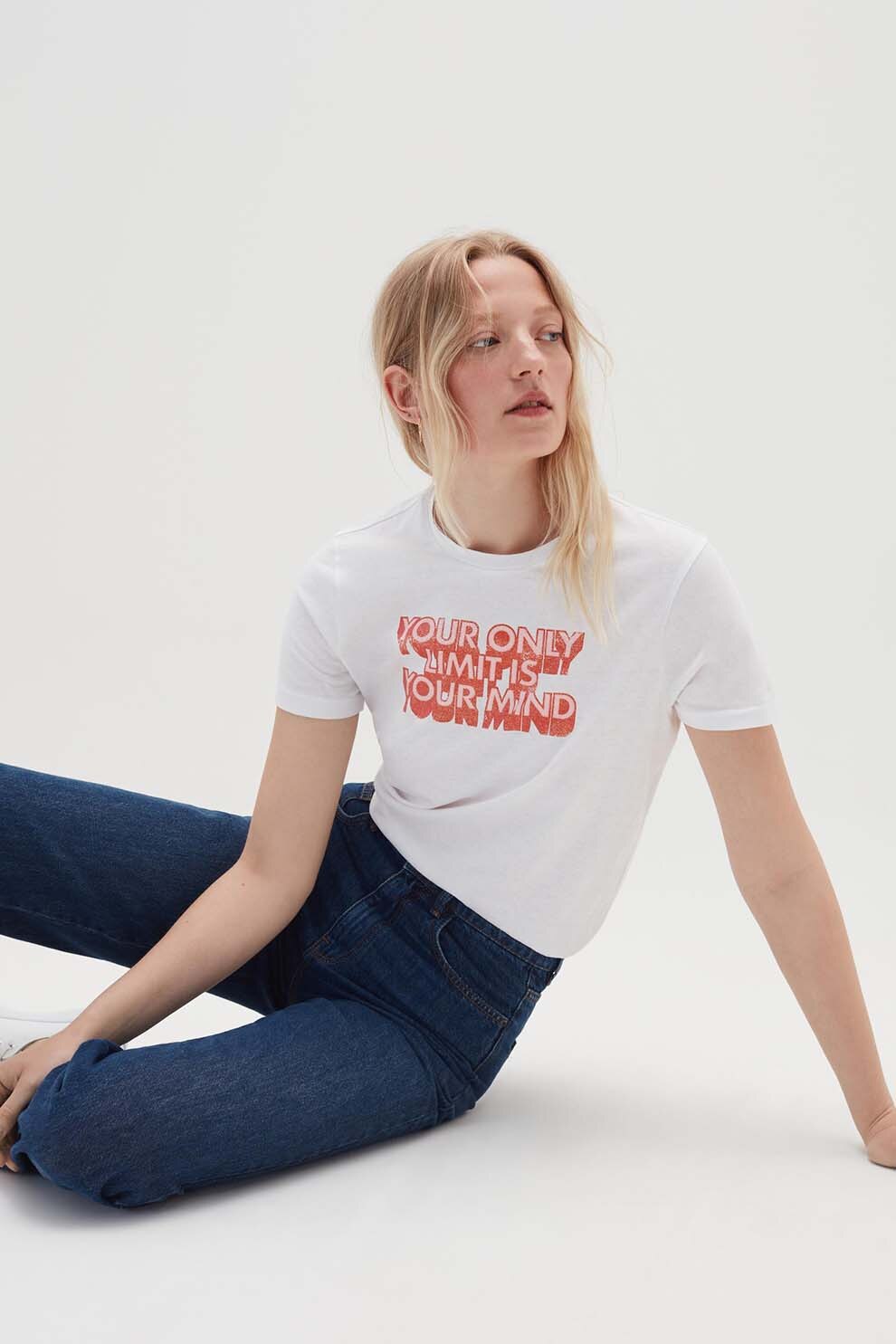 OVS, Tricou de bumbac cu imprimeu text, Alb/Rosu