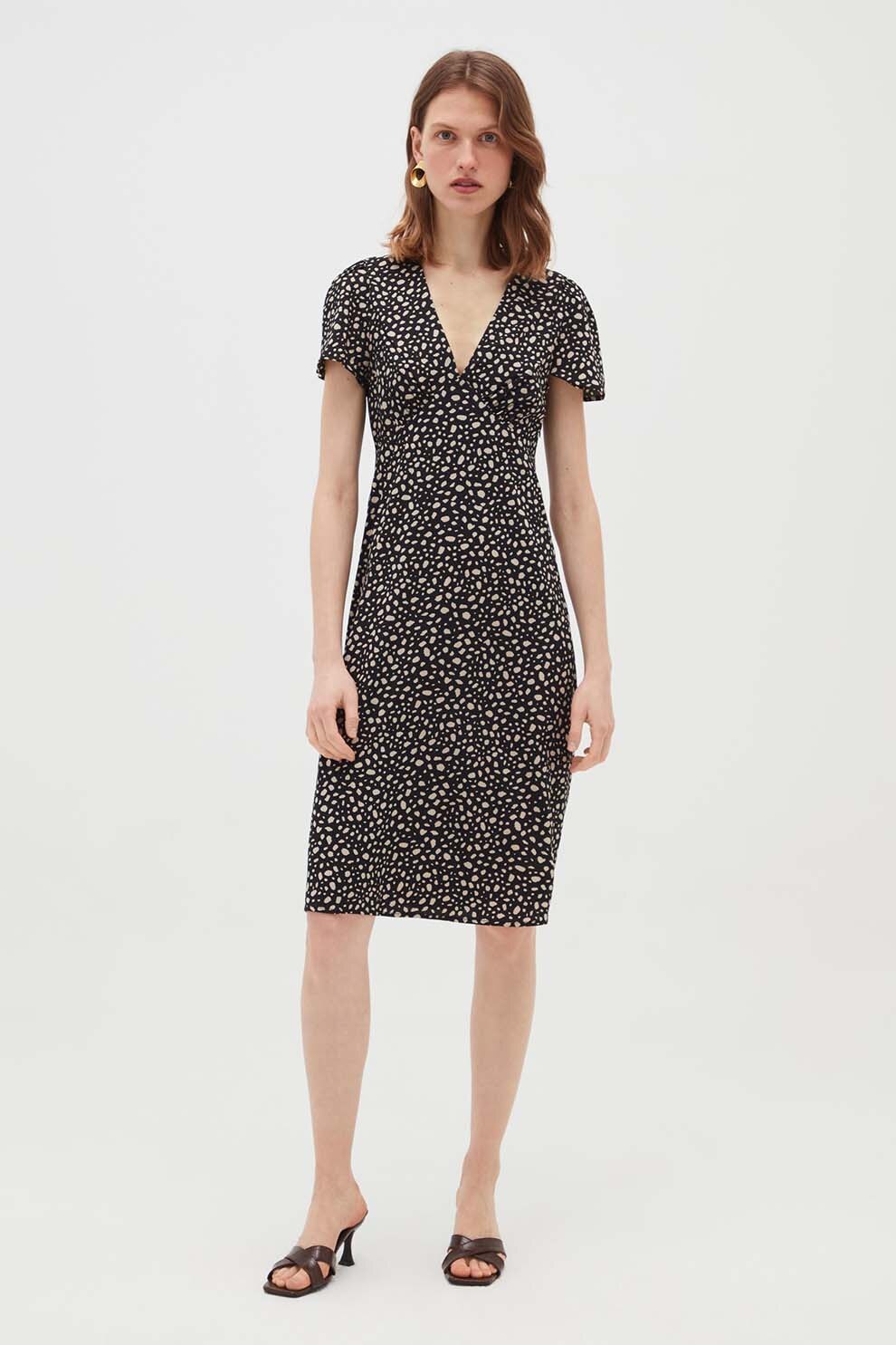 OVS, Rochie cu imprimeu, decolteu in V si maneci scurte, Negru/Alb prafuit, S