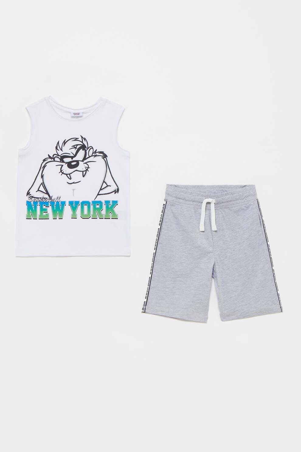 OVS, Set 2 piese cu pantaloni scurti si top, baieti, imprimeu Tazz, Alb/Gri, Alb/Gri deschis