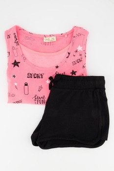 OVS, Top si pantaloni scurti din amestec de bumbac cu imprimeu grafic, Negru/Roz OVS, Top si pantaloni scurti din amestec de bumbac cu imprimeu grafic, Negru/Roz