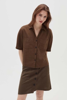 OVS, Camasa din amestec de in cu buzunare pe piept, Maro inchis OVS, Camasa din amestec de in cu buzunare pe piept, Maro inchis