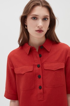 OVS, Rochie dreapta din amestec de in cu buzunare pe piept, Rosu inchis OVS, Rochie dreapta din amestec de in cu buzunare pe piept, Rosu inchis