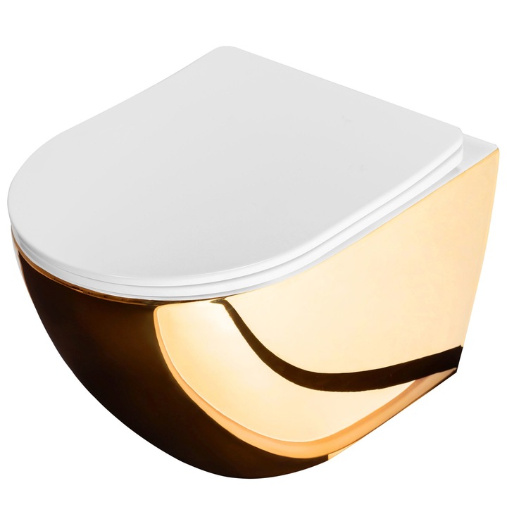Тоалетна чиния Rea Carlo Flat Mini Gold White, Керамика, Златна