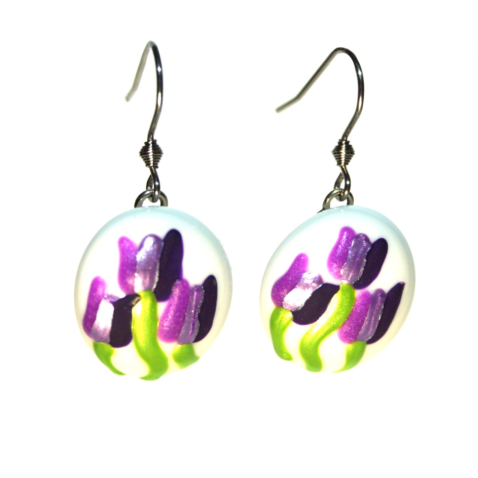 Cercei pictati 3D, bijuterie handmade, Regalo - Lalele mov, accesorii inox si sticla, cutie cadou