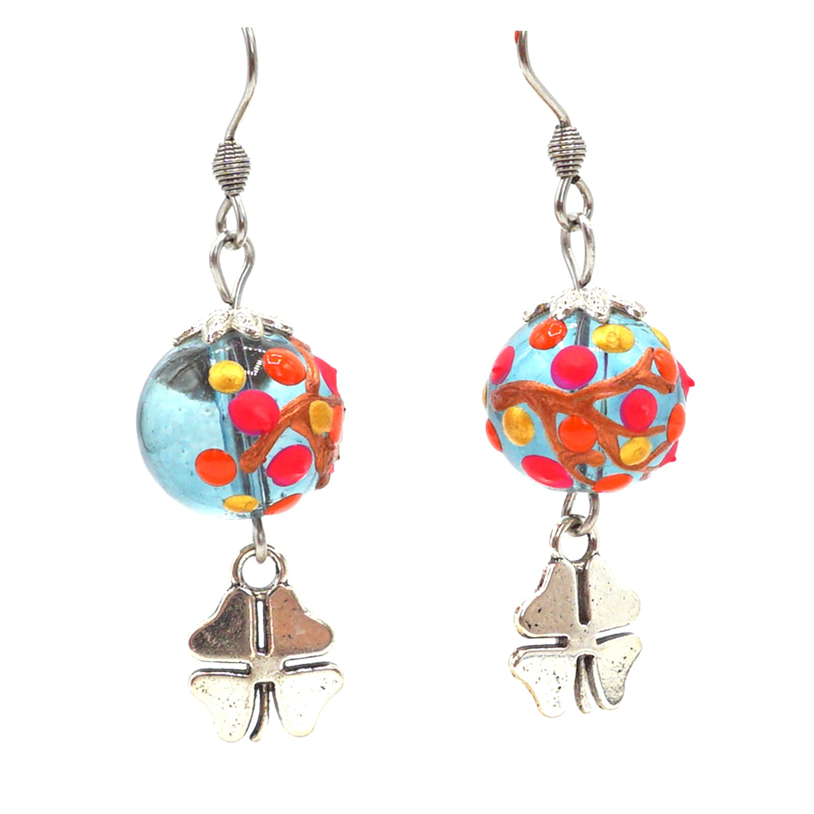 Cercei pictati 3D, bijuterie handmade, Regalo - Noroc, accesorii inox si sticla, cutie cadou