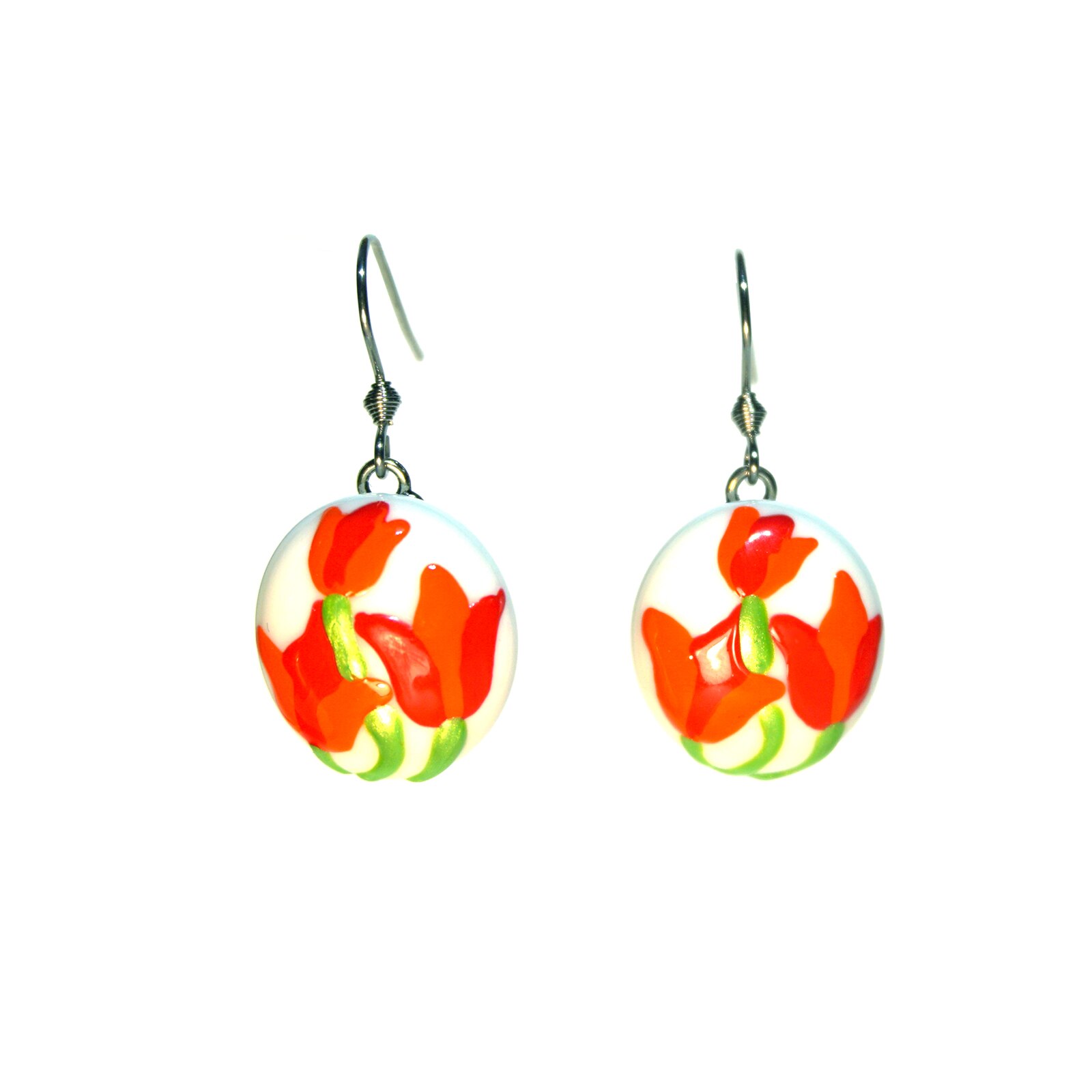 Cercei pictati 3D, bijuterie handmade, Regalo - Lalele oranj, accesorii inox si sticla, cutie cadou