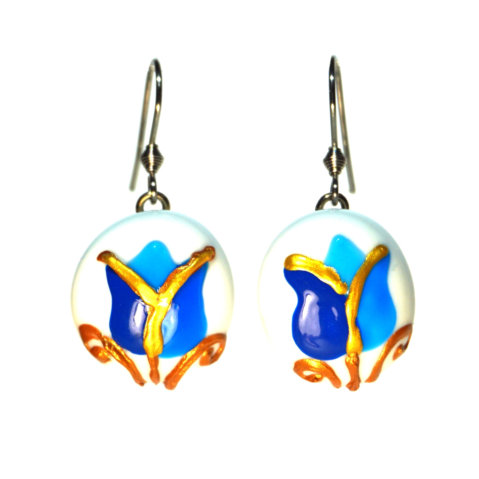 Cercei pictati 3D, bijuterie handmade, Regalo - Laleaua Albastra, accesorii inox si sticla, cutie cadou
