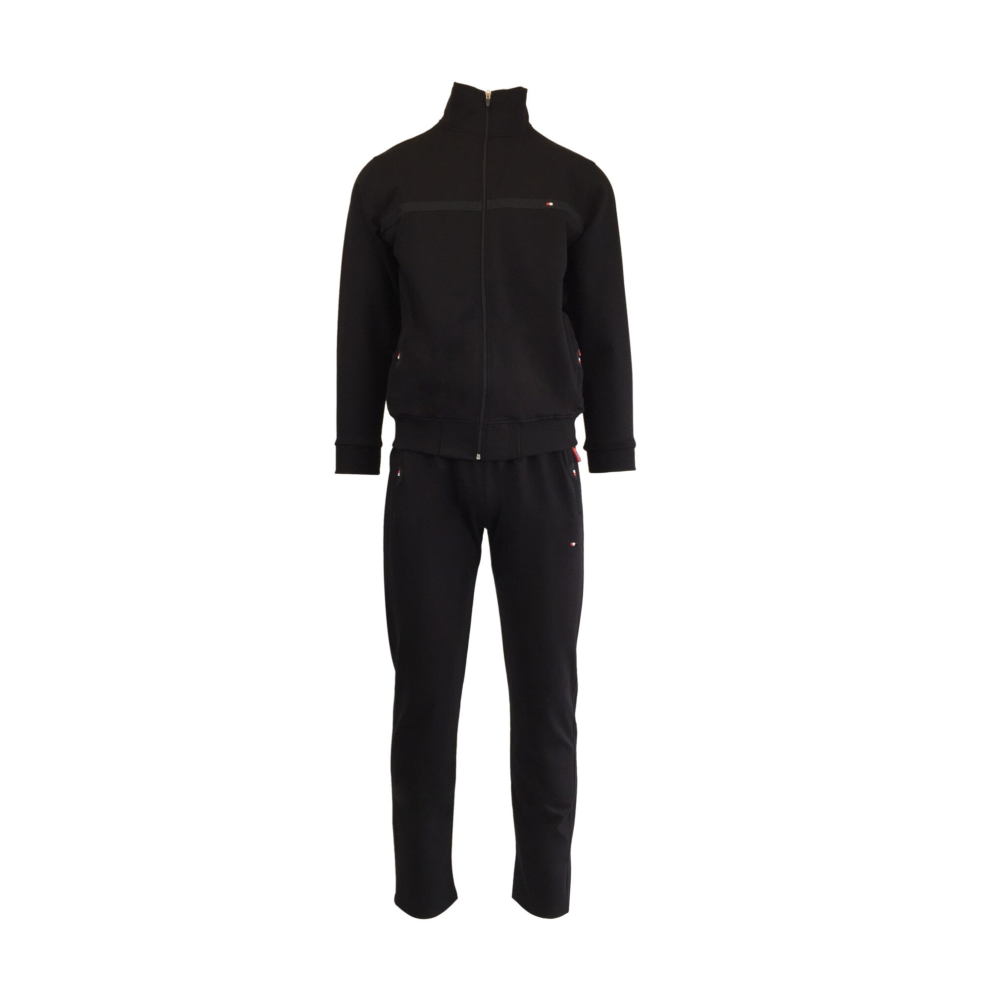 Trening barbat, UNIVERS FASHION, culoare neagra, jacheta cu 2 buzunare cu fermoare, pantaloni cu 3 buzunare cu fermoare, marime M