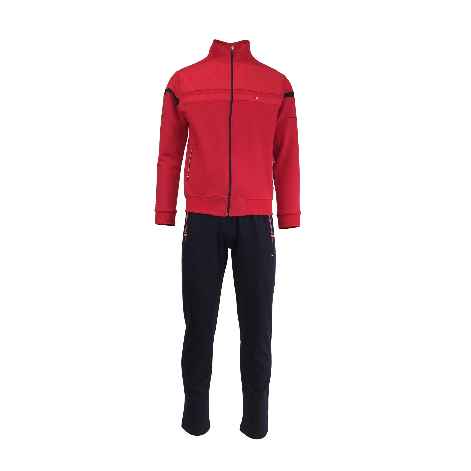 Trening barbat, UNIVERS FASHION, jacheta cu 2 buzunare cu fermoare, culoare rosu, pantaloni albastru cu 3 buzunare cu fermoare, marime M