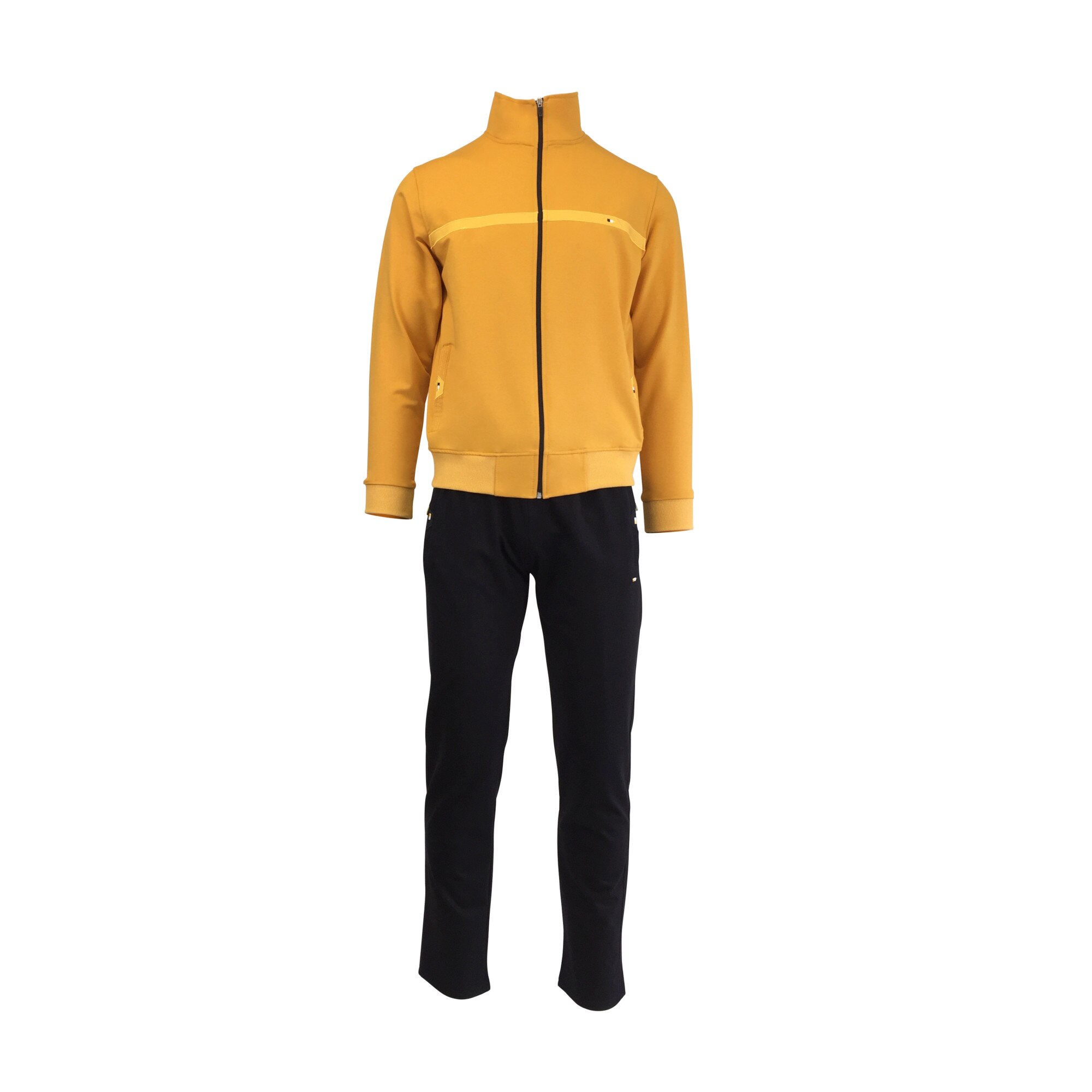 Trening barbat, UNIVERS FASHION, jacheta galben, cu 2 buzunare cu fermoare, pantaloni negru cu 3 buzunare cu fermoare