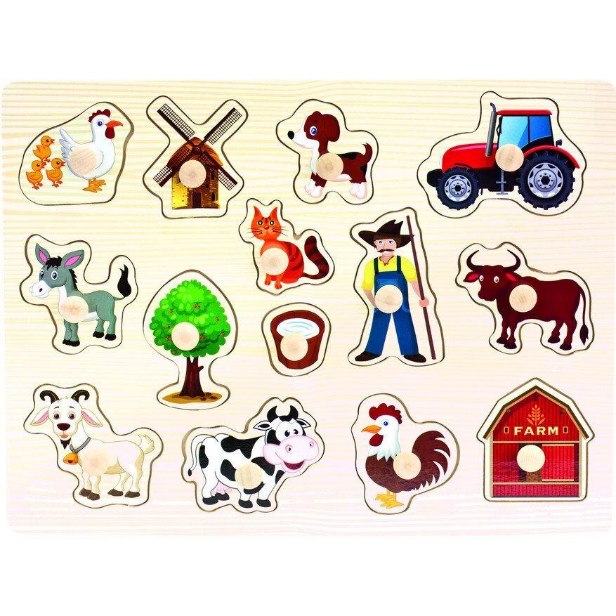 Puzzle copii, Bino, din lemn, Ferma, 14 piese