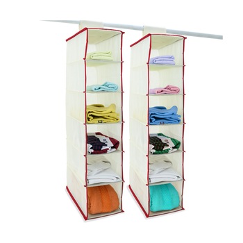 Set 2 x Organizator haine suspendat, 6 compartimente, Bej/Rosu Set 2 x Organizator haine suspendat, 6 compartimente, Bej/Rosu