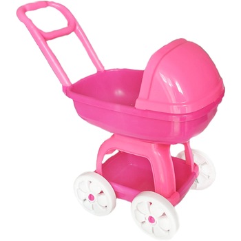 Carucior tip landou pentru bebelusi sau papusi, culoare roz, roti albe Carucior tip landou pentru bebelusi sau papusi, culoare roz, roti albe