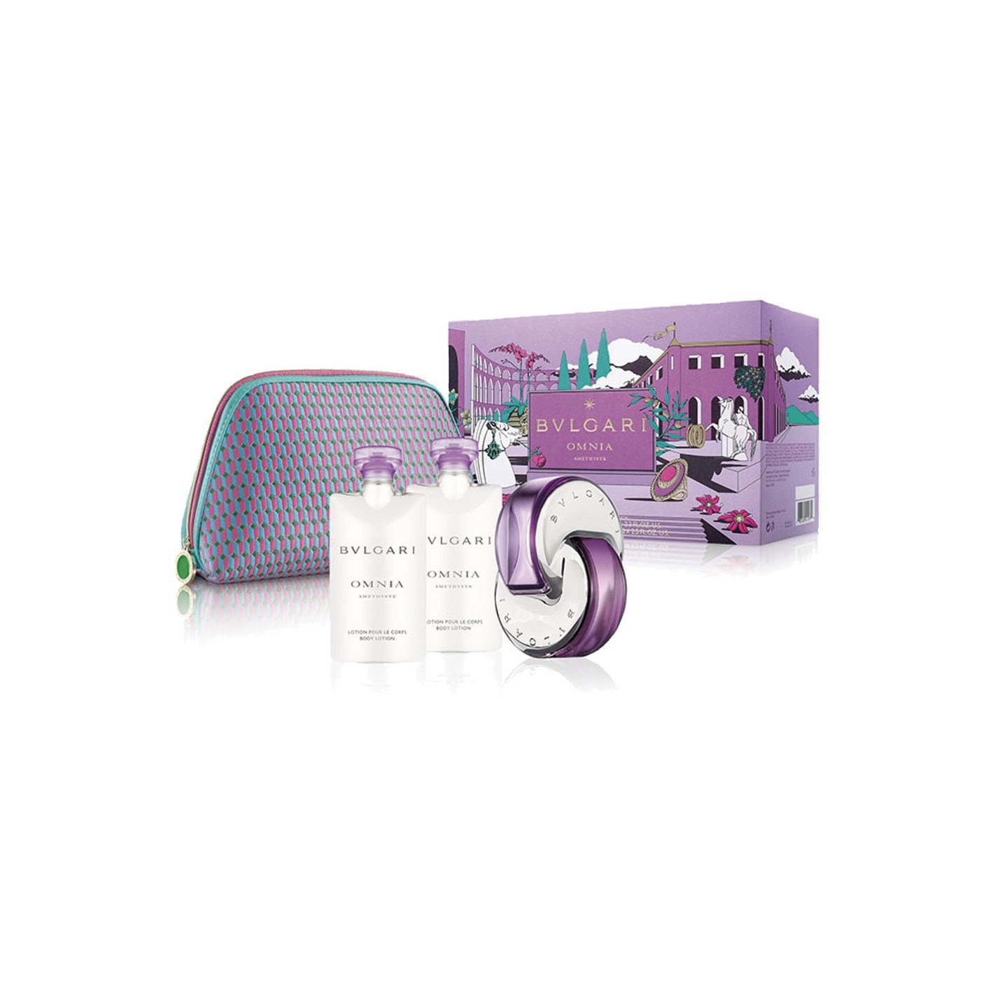 Set Bvlgari Omnia Amethyste, Femei: Parfum, 65 ml + Lotiune de corp, 75 ml + Geanta