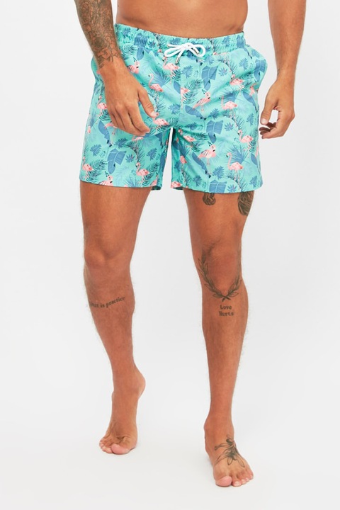 Trendyol, Pantaloni scurti de baie cu model flamingo, verde persan, roz, albastru inchis, S