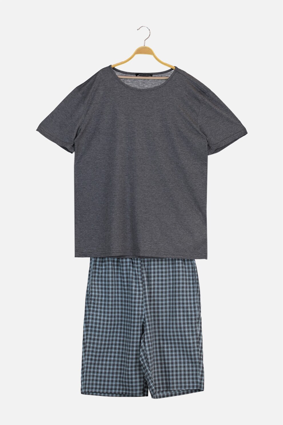 Trendyol, Pijama regular fit cu model, Gri inchis/Albastru deschis, S